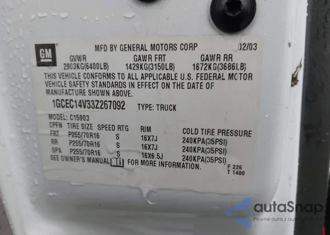 2003 Chevrolet Silverado 1500 Ls from USA, damaged, VIN 1GCEC14V33Z267092